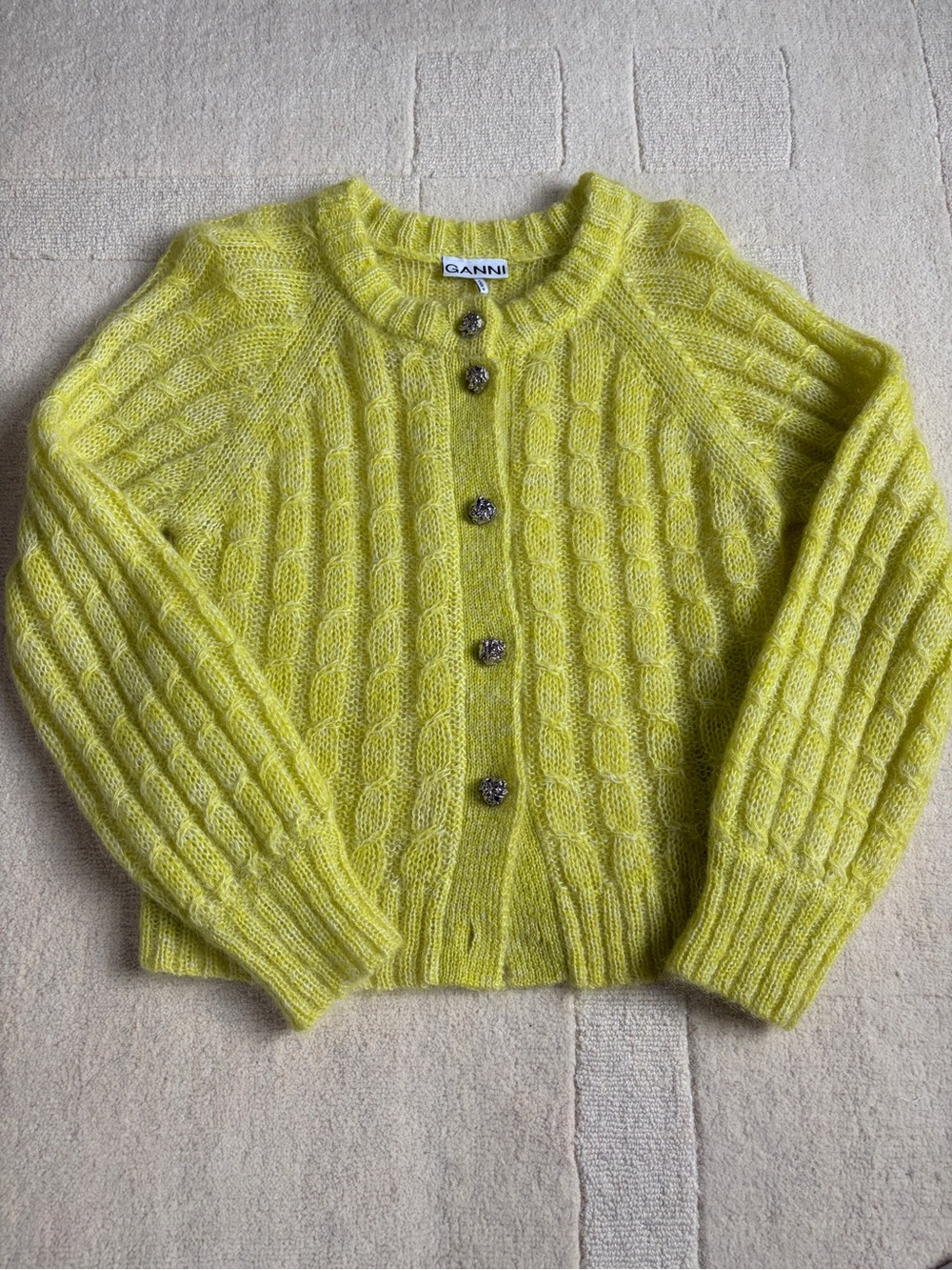 Ganni Neon Yellow/ Green Cable Knit Mohair Blend Cardigan